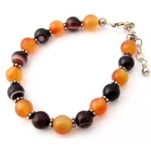 Honey Amber Agate & Brown Banded Agate Gemstone Bead‎ Bracelet*7.25"-8.5"